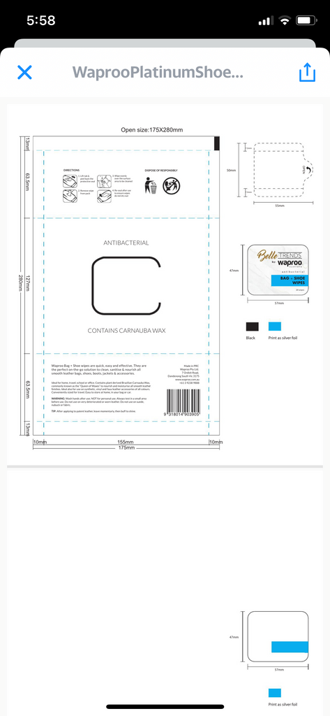 Waproo Antibacterial Bag and Shoe Wipes (on hand)